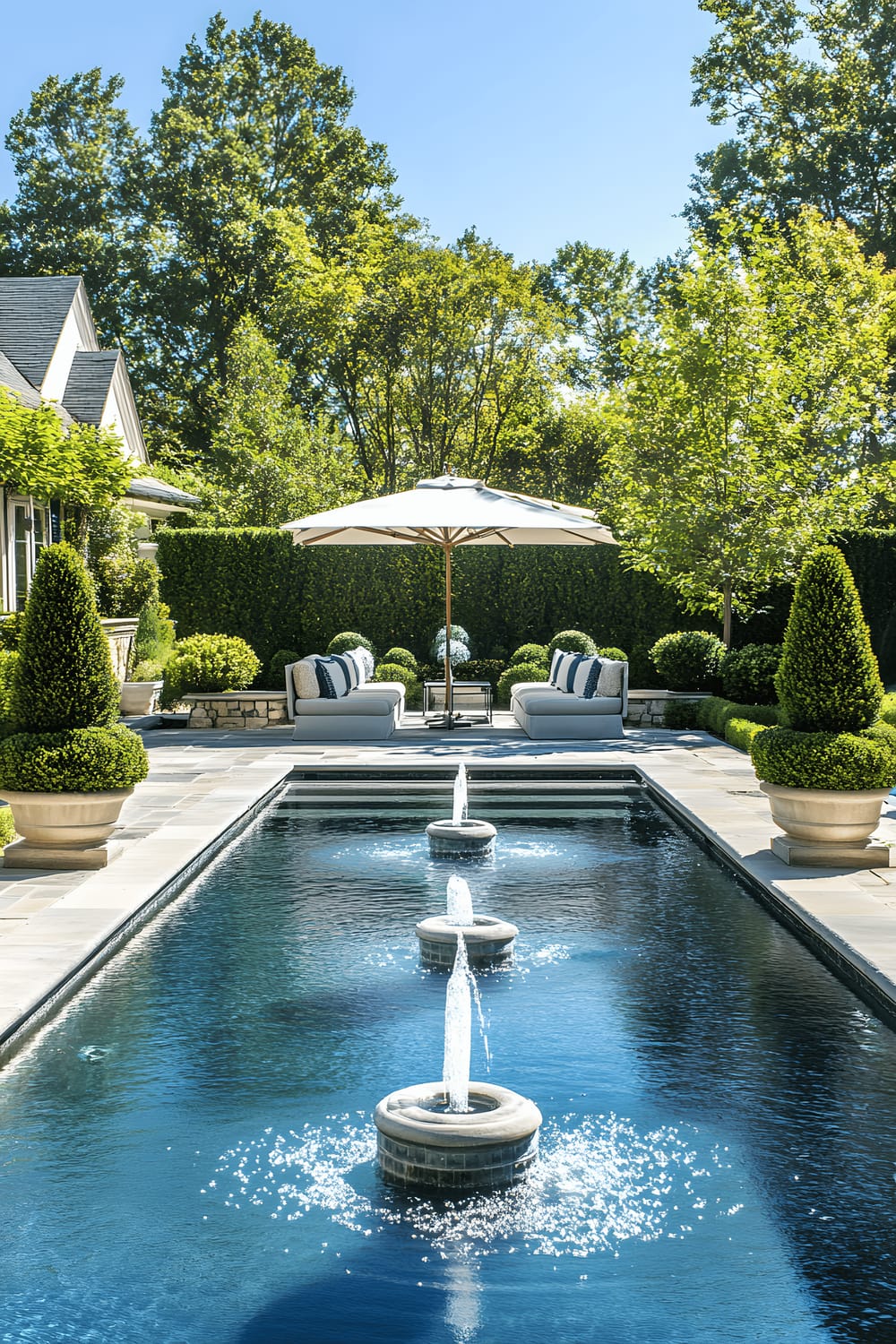 A luxurious backyard features a blue pool surrounded by stone pavers. Symmetrical water fountains flow into the pool. The space is framed by perfectly manicured hedges and topiary trees. A path leads to a shaded lounge area covered by a white umbrella that provides soft contrast to the lush greenery.