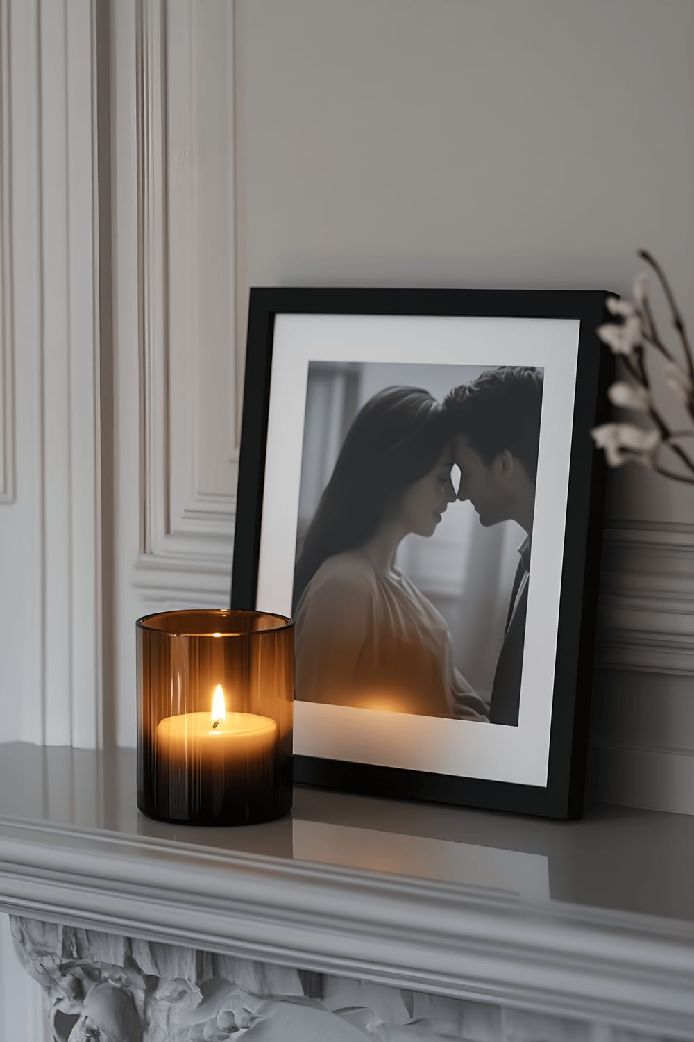 A light gray mantel displays a sleek matte black picture frame holding a monochrome photograph of a couple sharing an intimate moment. Beside the frame is a lit amber pillar candle housed in a correspondingly black holder, its warm light casting soft shadows and adding warmth to the scene.