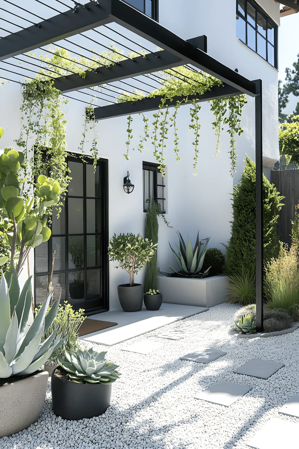 A minimalist garden space featuring white gravel ground, interspersed with various types of sculptural succulents, under an elegant black metal trellis. The overall atmosphere is tranquil and low-maintenance.