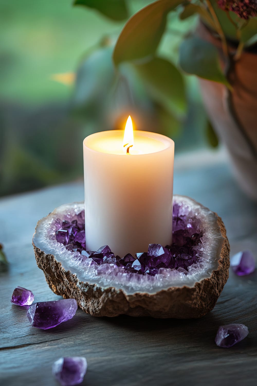 A white candle with a burning flame is placed on a large geode slice, surrounded by scattered amethyst crystals. The geode's intricate patterns are highlighted by focused lighting, creating a modern yet earthy aesthetic. The background features blurred green foliage.