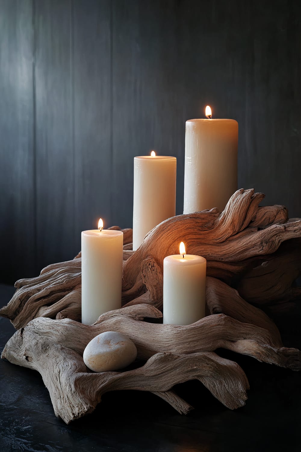 A harmonious arrangement of driftwood pieces and tall, neutral-colored candles on a dark surface. The candles are lit, casting a warm glow that accentuates the natural textures of the driftwood. One smooth stone rests among the driftwood, contributing to the serene and balanced composition. The background is dark, enhancing the focused lighting on the elements.