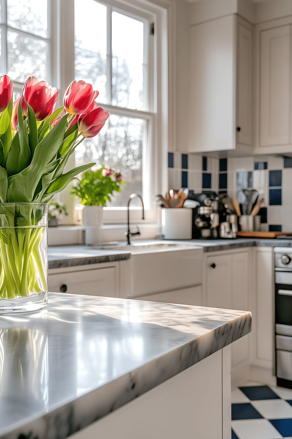 A spacious London kitchen in morning light featuring vintage blue and white checkered floor tiles, white cabinetry with black handles, and modern stainless steel appliances. At the center of the kitchen, a marble countertop island supports a colorful vase of fresh tulips. The warm morning light spills in through a window adorned with sheer curtains.