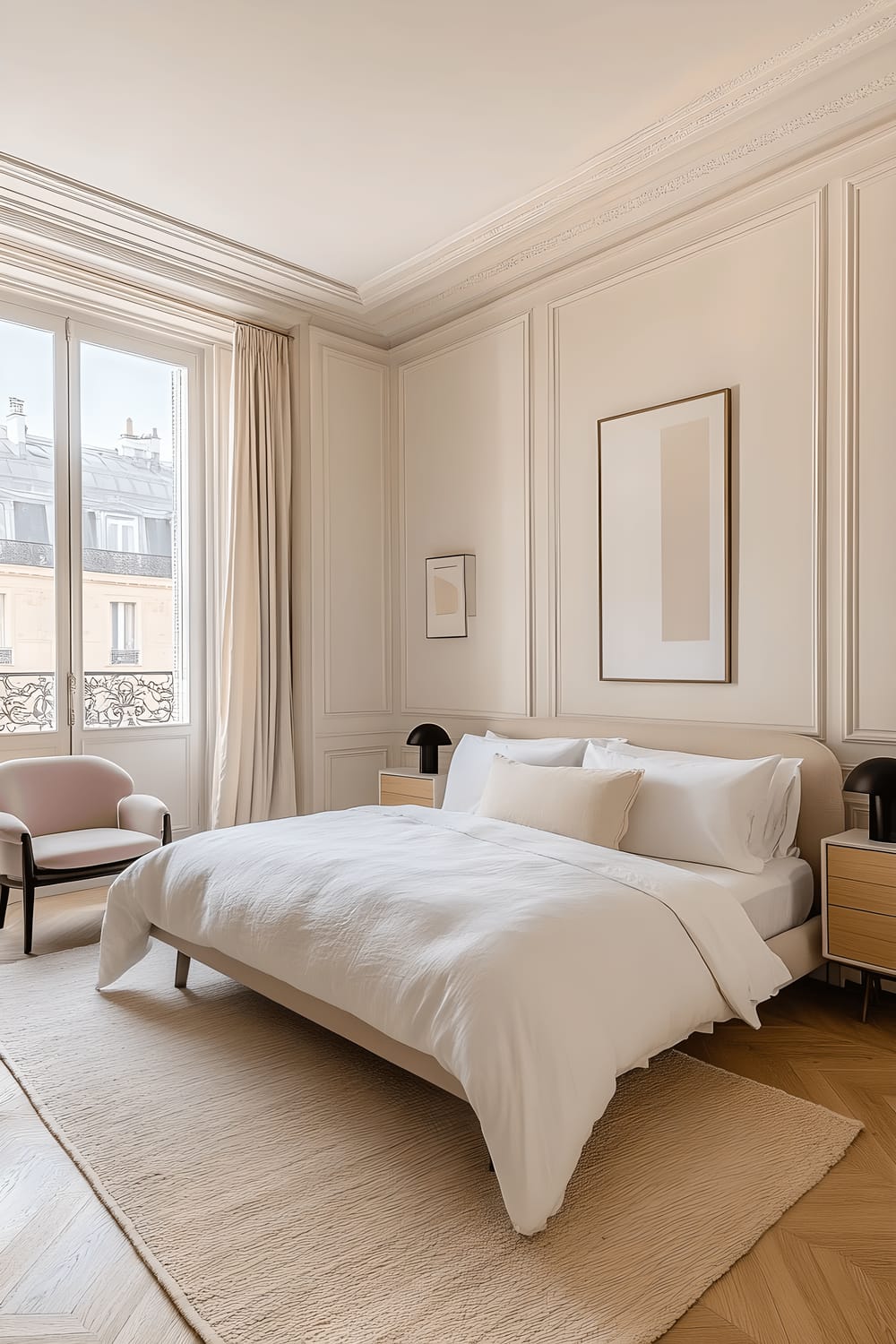 A serene bedroom in Milan featuring a queen-sized bed with crisp white linen and beige duvet cover. The room also includes Scandinavian-inspired light oak bedside tables with minimalist black ceramic lamps, a large woven rug in muted tones on the hardwood floor, a blush pink upholstered armchair near a window, soft pastel artwork on the walls, and a sleek wooden dresser with brass hardware.