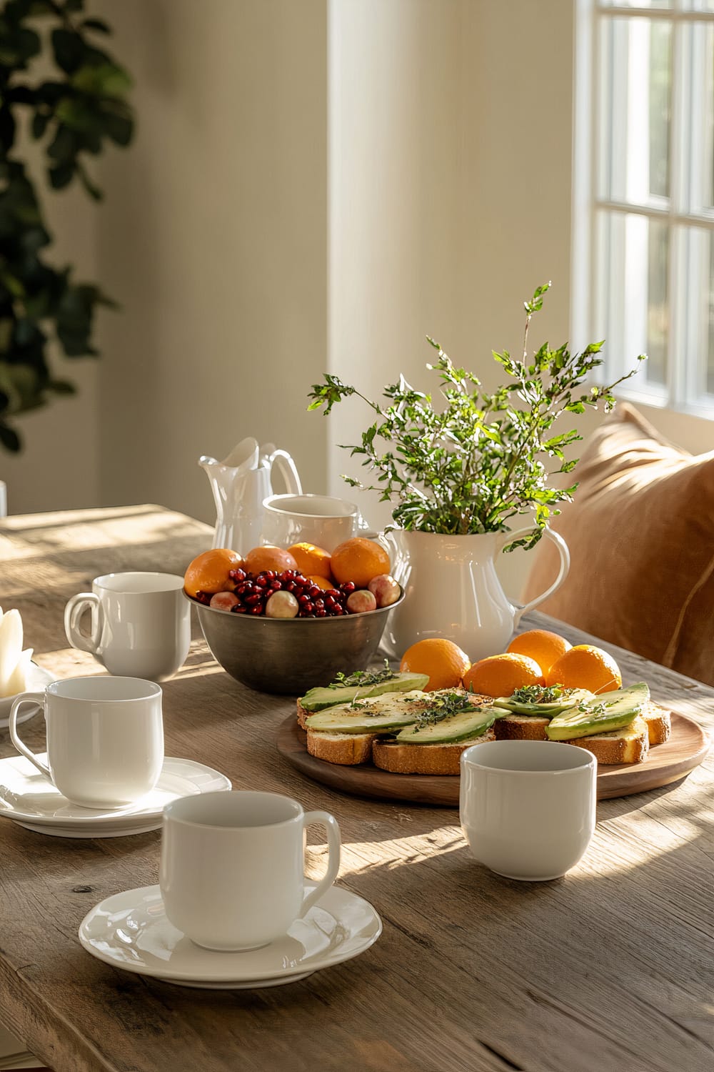 A wooden table set for a cozy breakfast. The table features six mismatched white mugs, three vintage ceramic pitchers filled with fresh herbs, and two metallic bowls with oranges and pomegranates. A centrally placed platter of avocado toast and a burnt sienna throw pillow on a sleek white chair are also visible. Soft morning light streams through a nearby window, creating a warm and inviting atmosphere.