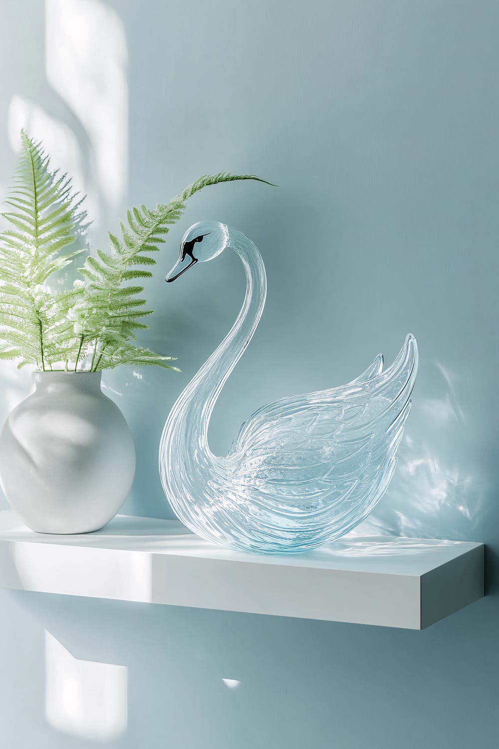 A Murano glass swan figurine is placed on a white floating shelf against a pale blue wall. Beside the swan is a small white vase containing a delicate fern plant. Soft spotlights accentuate the translucent beauty of the glass swan.