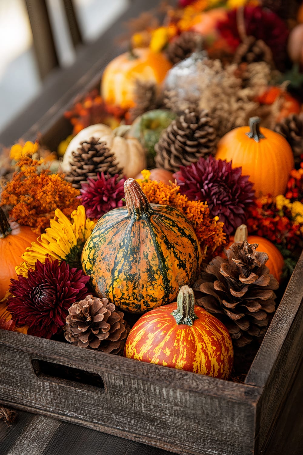 A fall-themed table centerpiece in a wooden tray, filled with small pumpkins, pinecones, and an assortment of colorful autumn flowers and leaves, including yellow, orange, and burgundy hues.