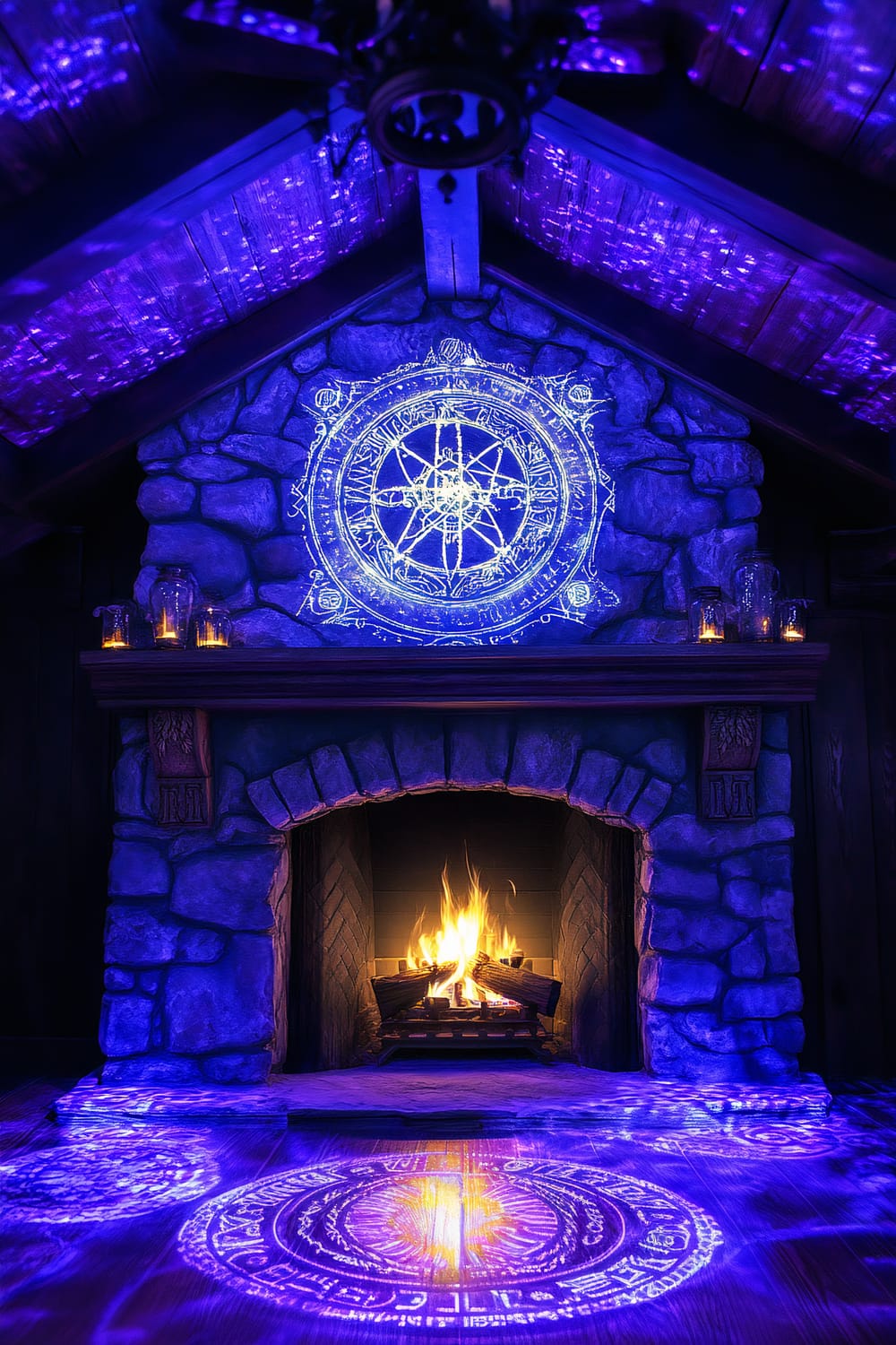 A stone fireplace emits a warm glow with a flickering fire at its center. Above and on the hearth, holographic images of ancient runes and mystical symbols are projected in blue and violet light, creating an otherworldly atmosphere. The room is dimly lit, with additional soft ambient lighting enhancing the effects of the mystical projections.