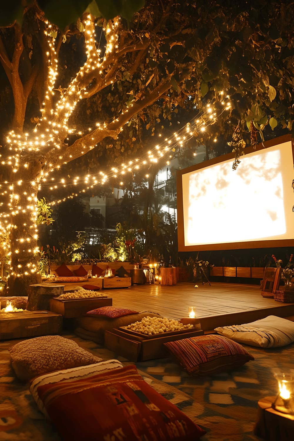 A magical outdoor movie night setup featuring a large glowing projector screen set against a darkened evening backdrop. Numerous plush floor cushions and cozy blankets are scattered across the ground in front of the screen. Twinkling fairy lights have been strung between trees, draping a warm, ambient glow over the scene. A rustic wooden tray, housing popcorn and glasses of wine, rests conveniently amidst the cushions.