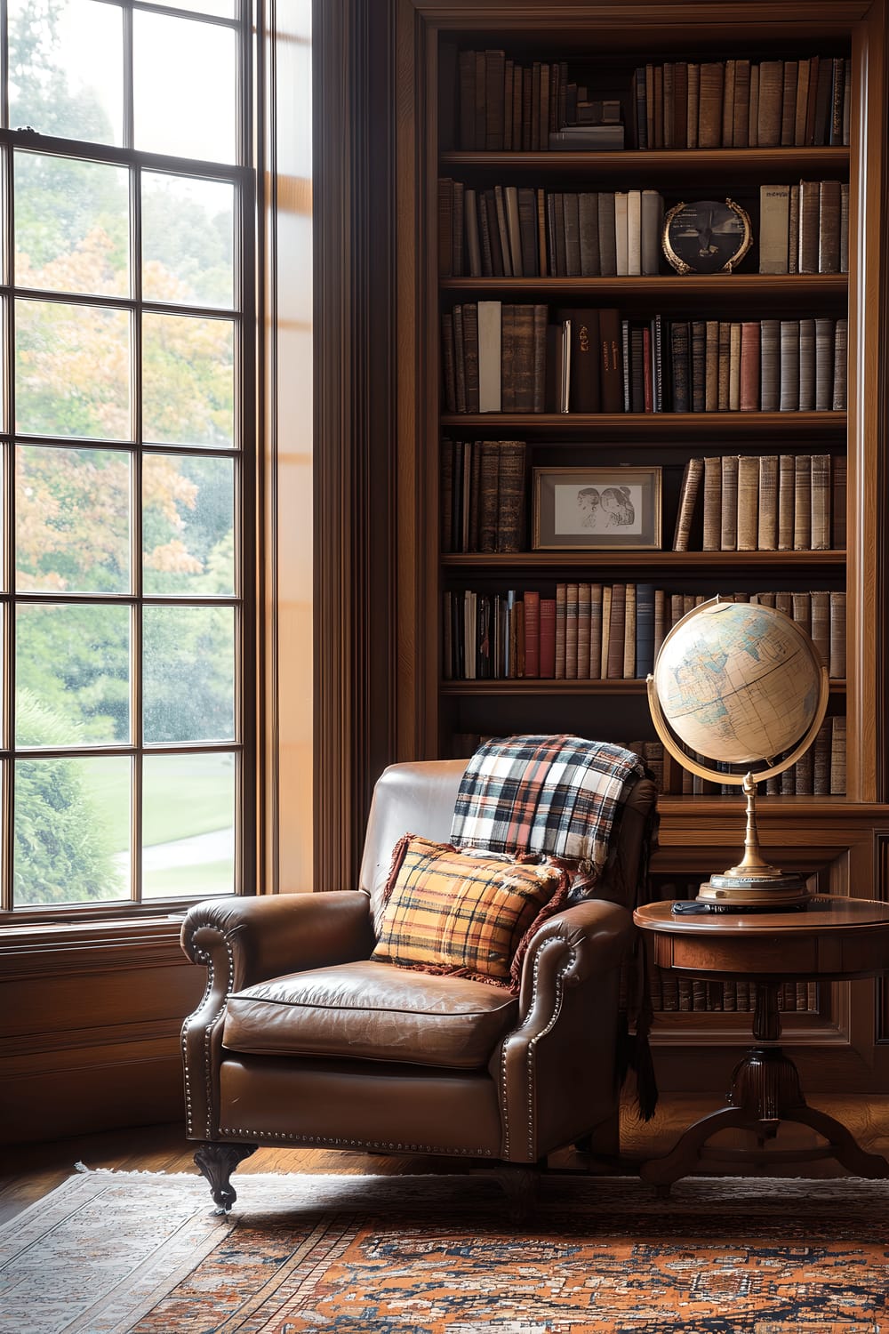 A sophisticated antique library showcasing built-in wooden bookshelves laden with classic books. In the room's center stands a vintage leather armchair draped with a plaid throw, paired with a wooden side table supporting an old-fashioned brass lamp. A richly patterned Persian rug warms up the reading area, which is adorned with an antique globe and elaborate clock. An unseen large window lets in soft, natural light that bathes the scholarly scene in an inviting glow.