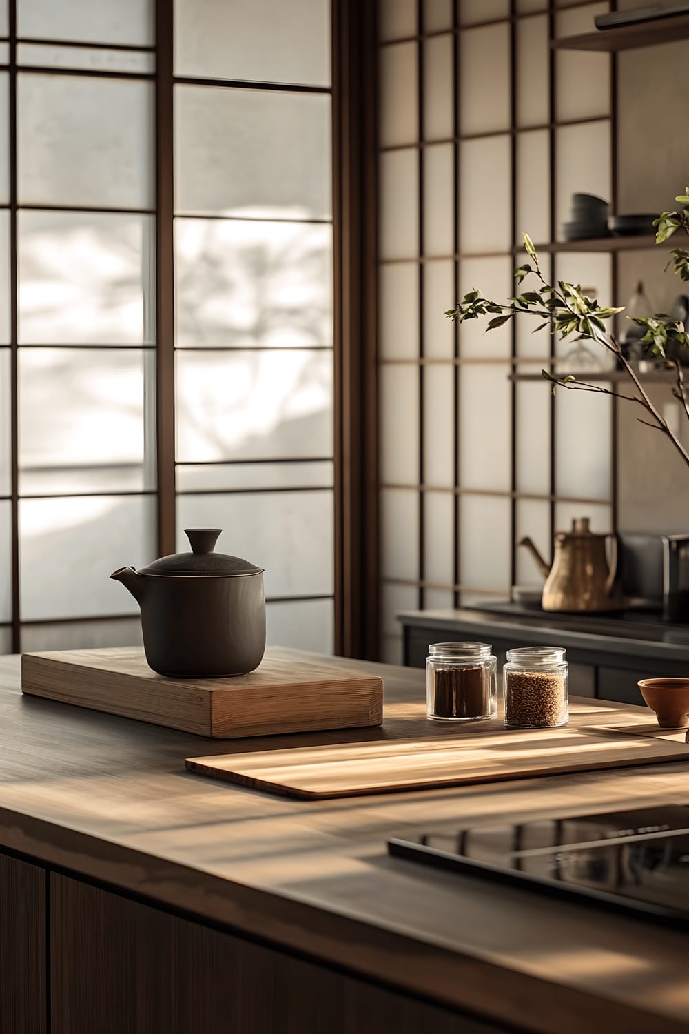 A serene Japanese-inspired kitchen bathed in soft natural light. The kitchen features dark walnut cabinetry with clean lines and matte black hardware, a spacious wooden countertop with a bamboo cutting board, ceramic tea set, and artisan spices in glass jars, tatami mat flooring, and a minimalist hanging pot rack with copper pans. There's also an indoor bonsai tree.