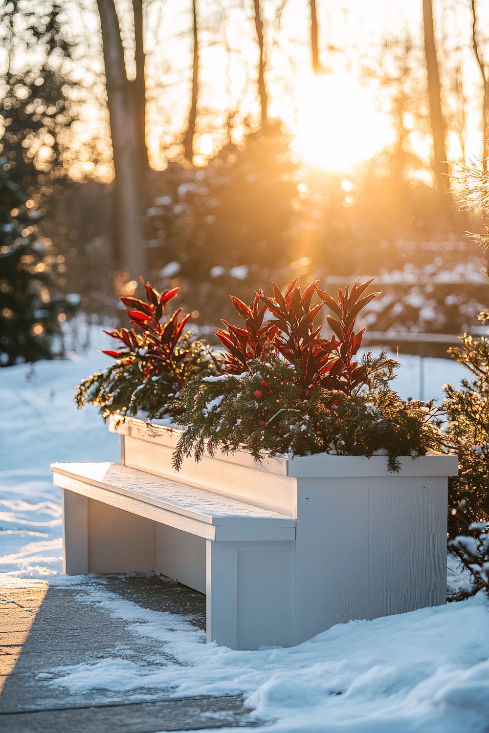 A white wooden bench is placed next to a large outdoor planter crafted from reclaimed wood, filled with Balsam Fir, Red Tip Photinia, and Scarlet Runner Beans. The scene is illuminated by the golden hour sunlight, creating long shadows across the snow. The vibrant green and red foliage contrasts with the snow-covered background, adding warmth to the tranquil setting.