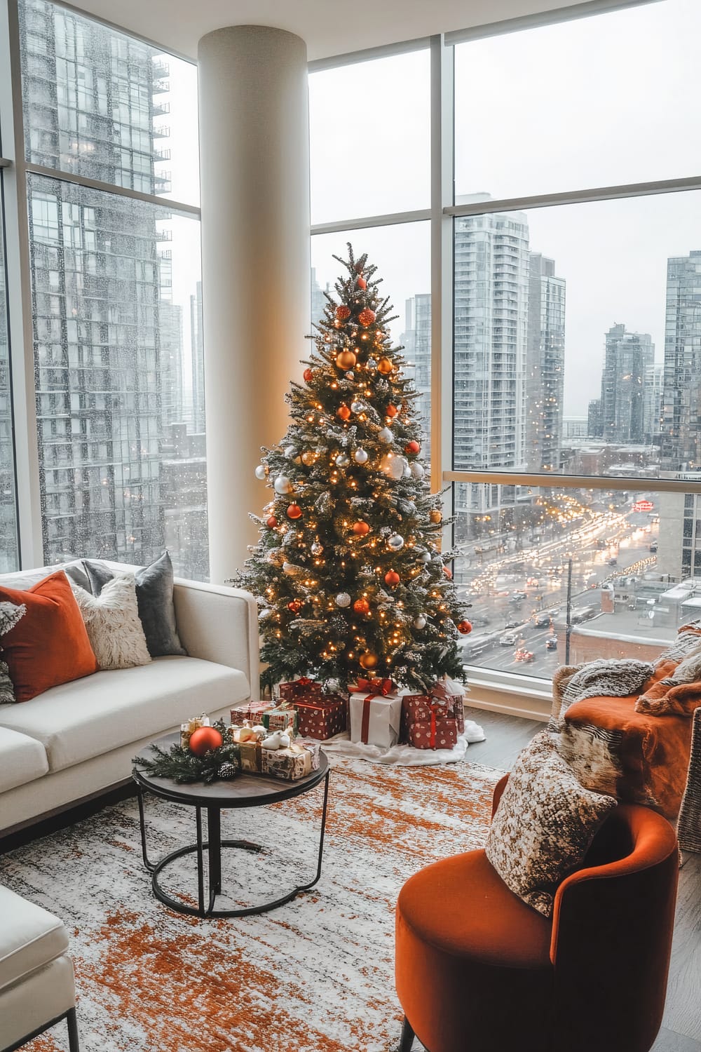 A modern and festive living room adorned with a Christmas tree, red and white ornaments, and a scattering of presents. The space features large floor-to-ceiling windows with views of a bustling cityscape. A white couch with patterned and solid-color throw pillows, an orange armchair, and a coffee table decorated with Christmas items complement the room.