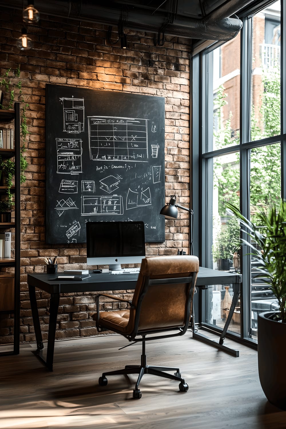 A modern industrial style home office with a large slate chalkboard on a brick feature wall filled with to-do lists and geometric designs in white chalk. There is a black metal desk, a padded leather chair, and minimalist shelves filled with monochromatic decorations. The room is lit by large factory-style windows, and unique Edison bulb lighting fixtures. The atmosphere of the room suggests an organized and productive workspace.