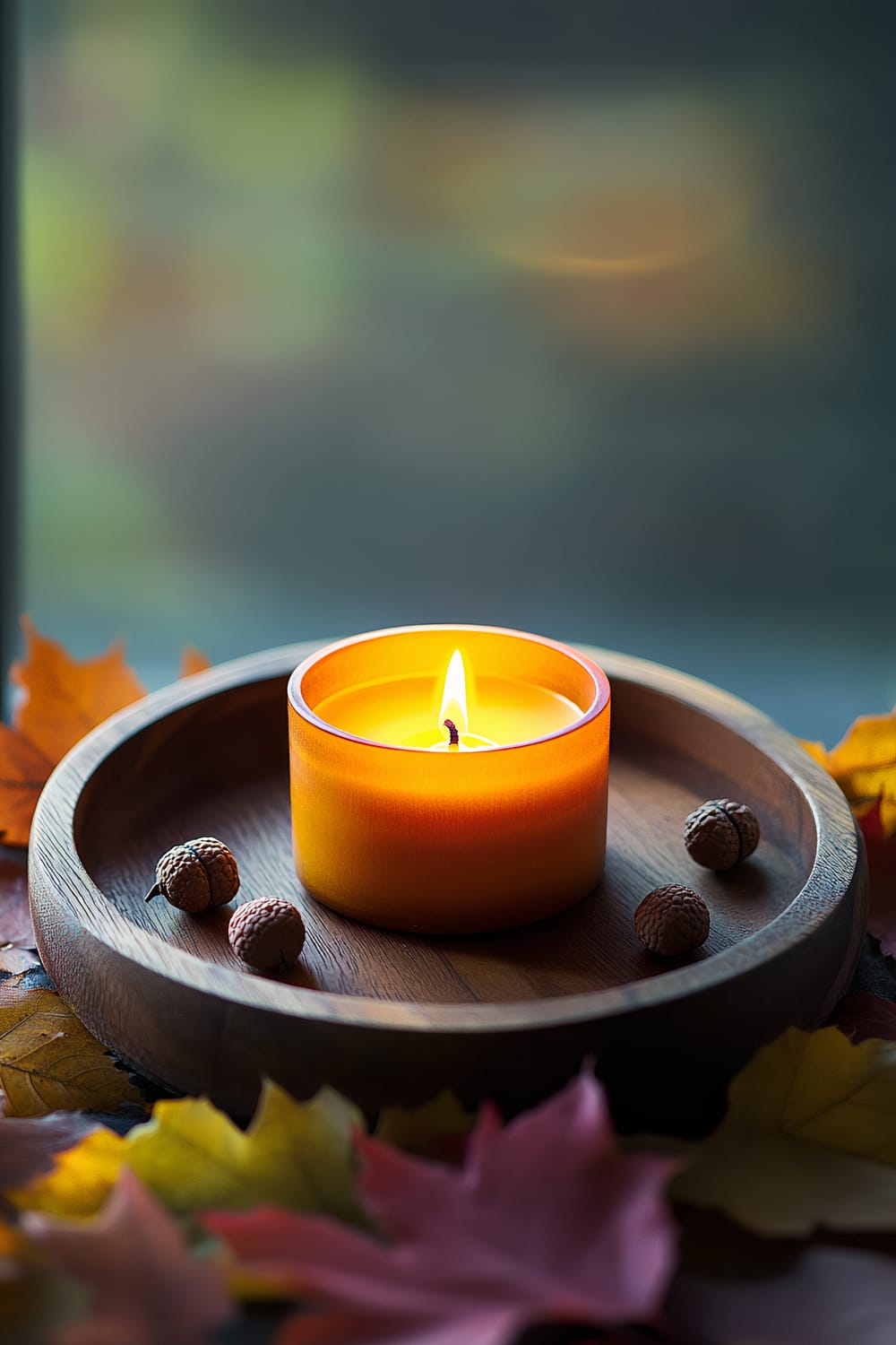 An amber candle is burning in the center of a minimalist wooden tray. The tray is adorned with scattered maple leaves and a few small acorns. The warm lighting highlights the rich fall hues of the leaves and the gentle glow of the candle.