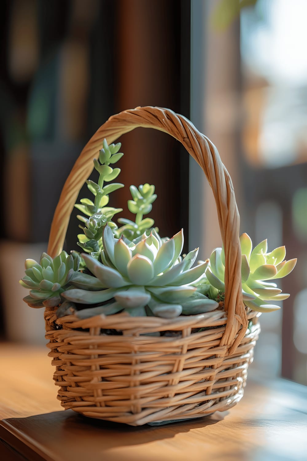 A lovely assortment of succulents arranged in a woven basket, richly tinted with hues of green and blush. The background is a hazy curtain of soft natural indoor light, highlighting the texture and distinctive shapes of the succulents. The woven basket holding the plant display adds warmth and an organic touch.