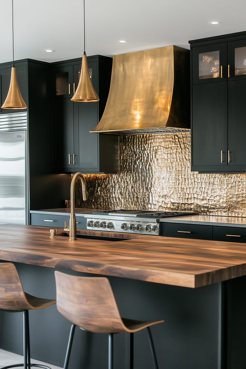 A modern kitchen with a prominent large golden range hood and a textured golden backsplash. The countertops are gray, and the cabinets are black with golden handles. A wooden island counter takes center stage, with two matching wooden chairs. The kitchen features stainless steel appliances and brass lighting fixtures above the island.