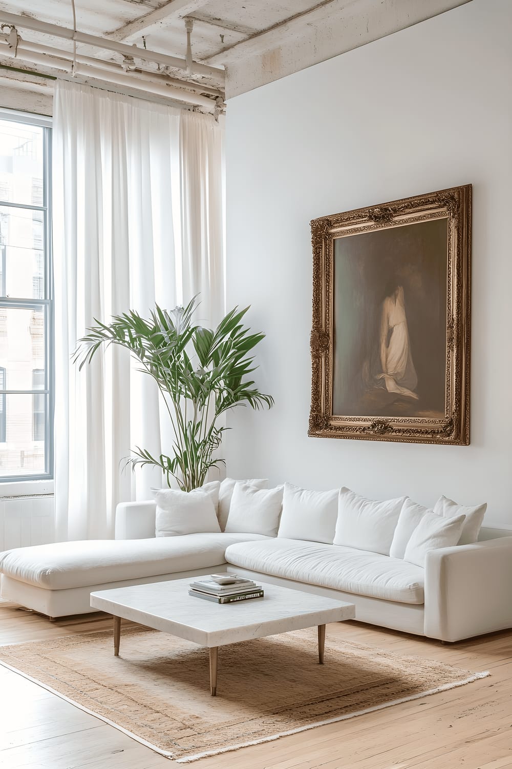 A minimalist living room with predominantly neutral tones. A large classical Renaissance painting is hung on a plain wall. The room is furnished with a white sectional sofa and a marble coffee table in the center. A tall Bird of Paradise plant is placed at the corner of the room. The room is well-lit with soft light filtering through sheer curtains from dual aspect windows.