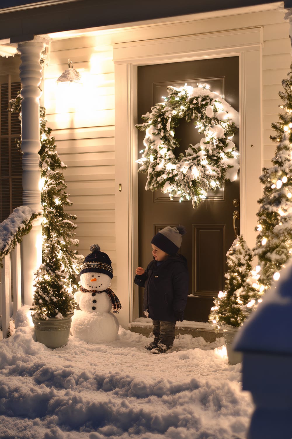 A Christmas porch is decorated with white-themed holiday decorations. There is a frosted pine wreath with white berries and silver accents on the door. Small, snow-covered potted evergreens are placed on either side of the entrance, and soft white lights twinkle along the garland wrapped around the porch railing. A child is playing in the snow next to a snowman, wearing a winter outfit, including a dark jacket and a beanie.