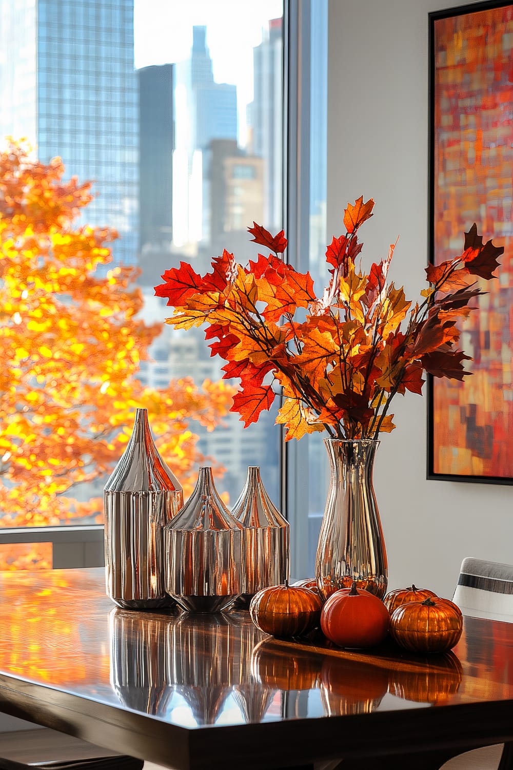 A modern dining table with a metallic finish is adorned with a vase containing red and orange autumn leaves, shiny metallic decorative containers, and small pumpkins. The large window in the background offers a view of a city skyline and a bright orange tree in full autumn splendor. A colorful abstract painting hangs on the wall to the right.