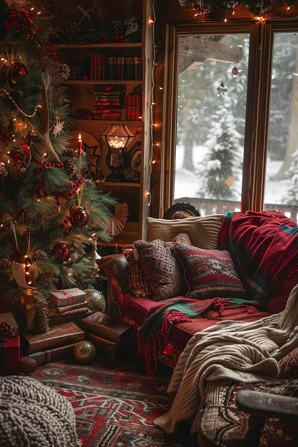 A cozy, festive room featuring a beautifully decorated Christmas tree with red ornaments, pinecones, and lights. A wooden bookshelf adorned with books and festive decorations stands to the side. A plush sofa with red and green patterned cushions and blankets sits near a large window showcasing a snowy winter landscape outside. Christmas lights and lit candles add a warm glow to the scene.