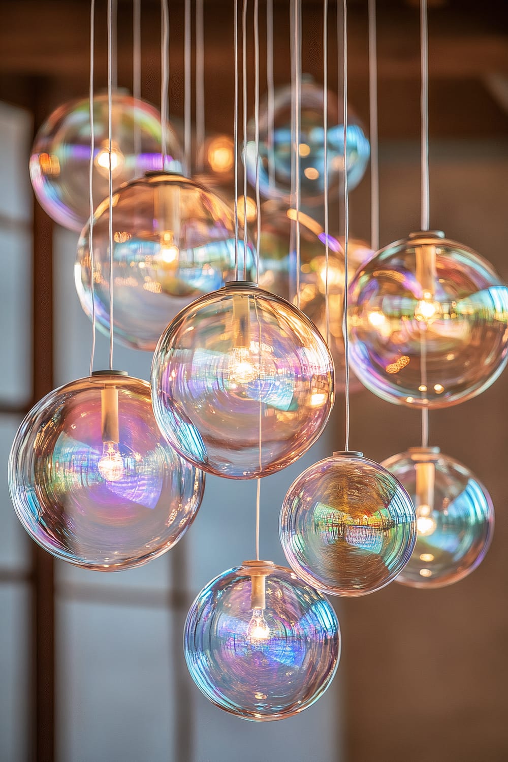 An arrangement of multiple orb-shaped glass pendant lights hanging at different heights. Each glass orb reflects light in a spectrum of iridescent colors, creating a dynamic and ethereal effect. The exposed light bulbs inside the orbs emit a warm glow that complements the colorful reflections.