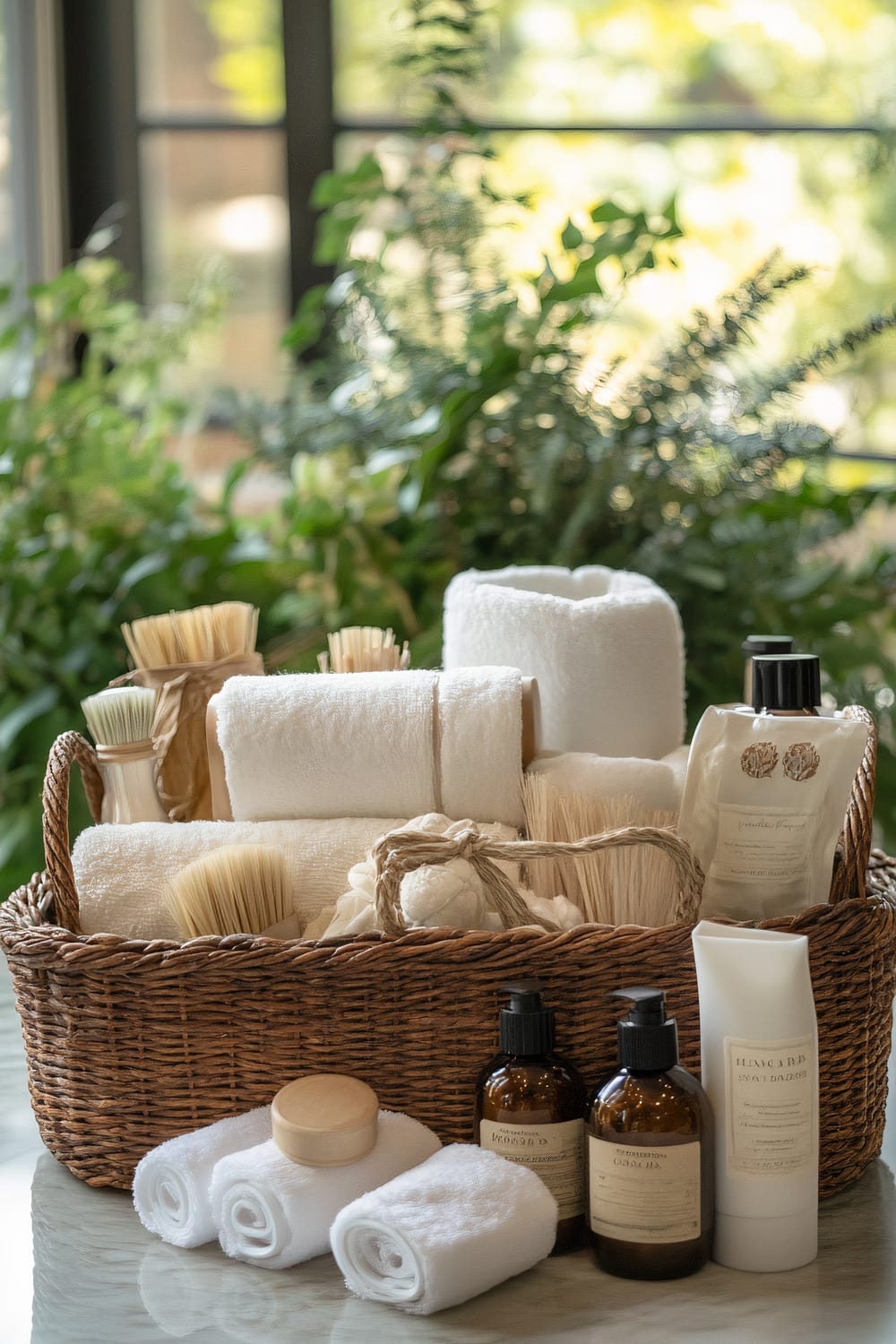 A wicker basket brimming with spa essentials is placed on a smooth marble surface. The basket contains meticulously folded white towels, various types of natural fiber brushes, and bottles of skincare products. Three additional rolled white towels, two amber glass bottles with pump dispensers, a tube of cream, and a small wooden-lidded jar are positioned in front of the basket. In the background, a lush array of green plants sits by a large window, through which radiant sunlight streams, casting a serene and refreshing ambiance.