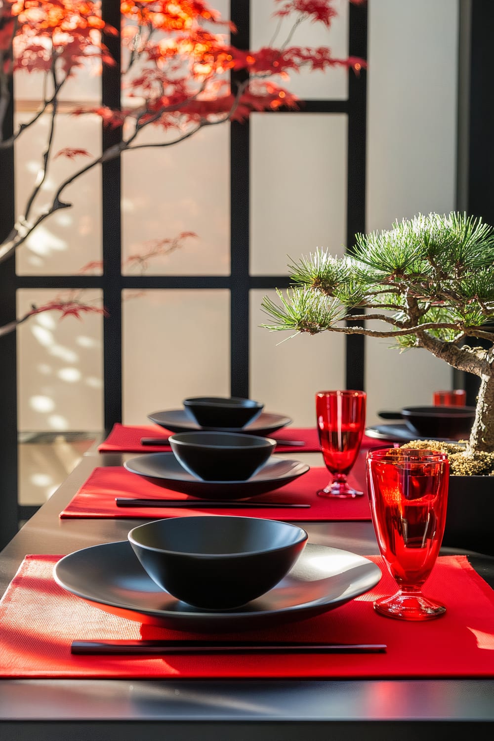 A minimalist dining table set for Thanksgiving with a Zen-inspired design, featuring black dishware on red placemats, red glassware, and black chopsticks. A small bonsai tree serves as the centerpiece. Large windows in the background allow natural light to enhance the serene and vibrant setting.