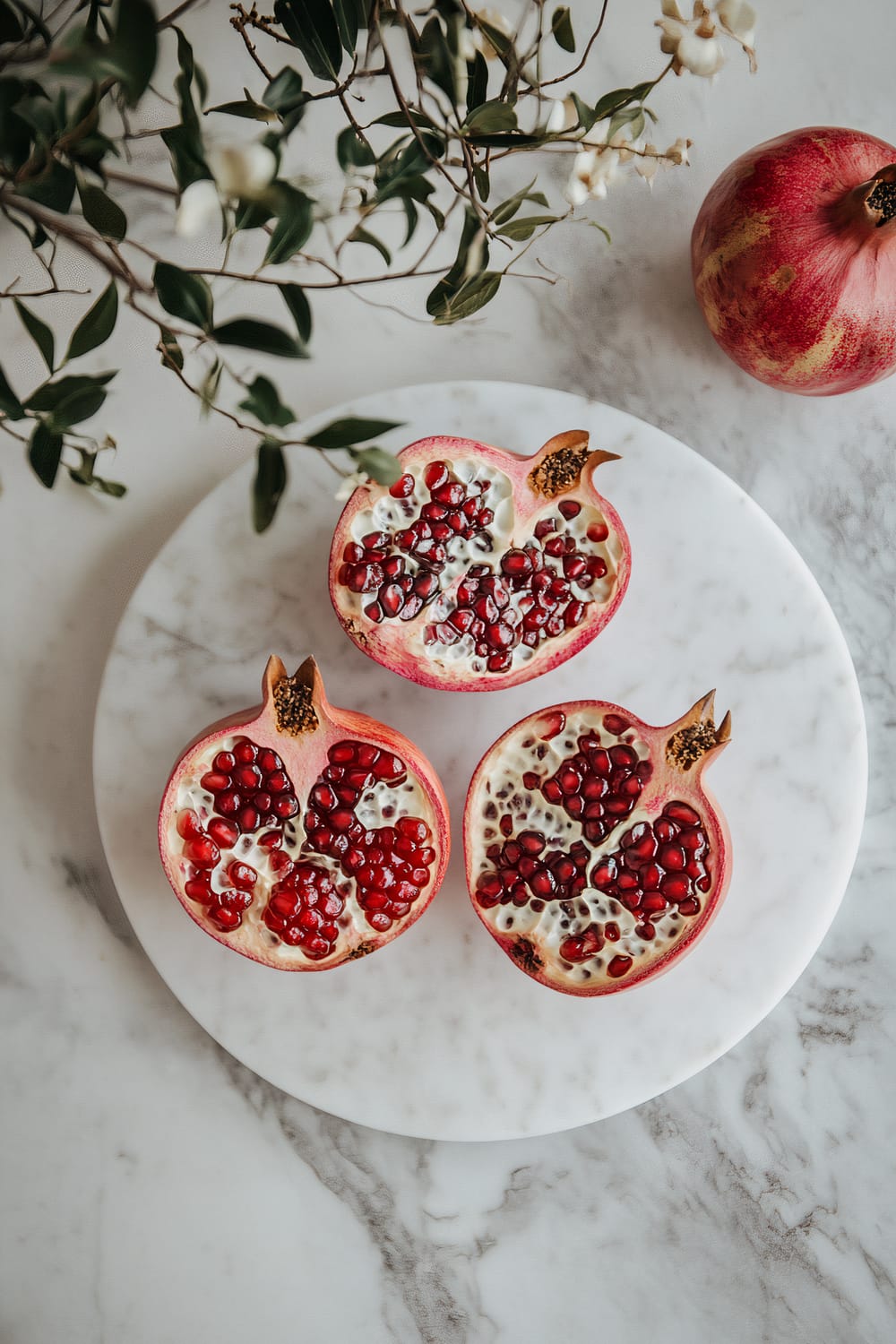 An overhead shot of a marble surface featuring a whole pomegranate and three halves of pomegranates placed on a circular white marble plate. The pomegranate halves showcase their vibrant red seeds. Branches with green leaves and small white flowers frame the image.