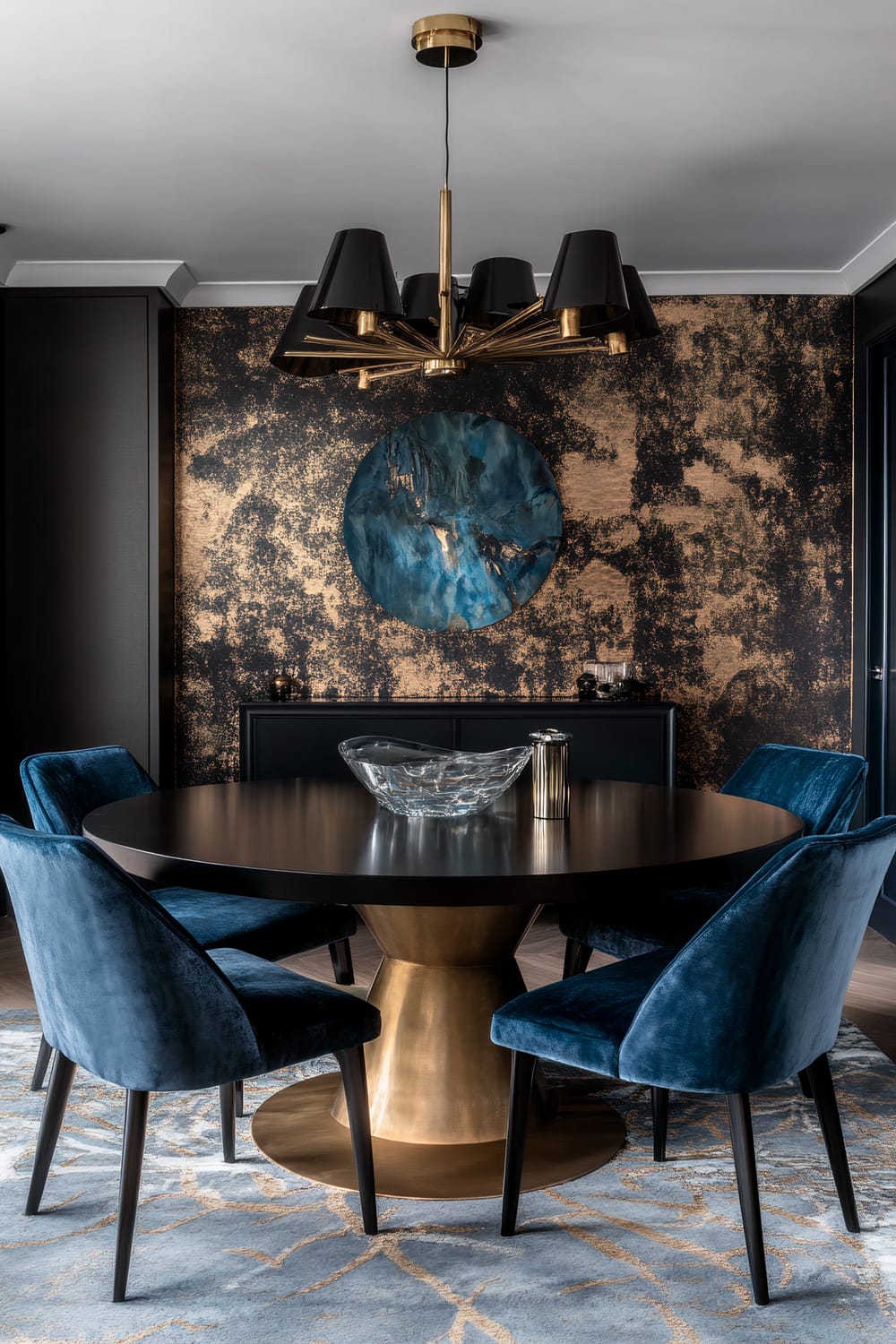 A sophisticated dining room features a round black table with a gold base, surrounded by four dark blue velvet chairs on a light blue rug with gold accents. The backdrop is a wall with an abstract black and gold pattern, adorned with a large blue textured art piece. Overhead, a modern chandelier with black and gold hardware hangs, adding an elegant touch to the space.