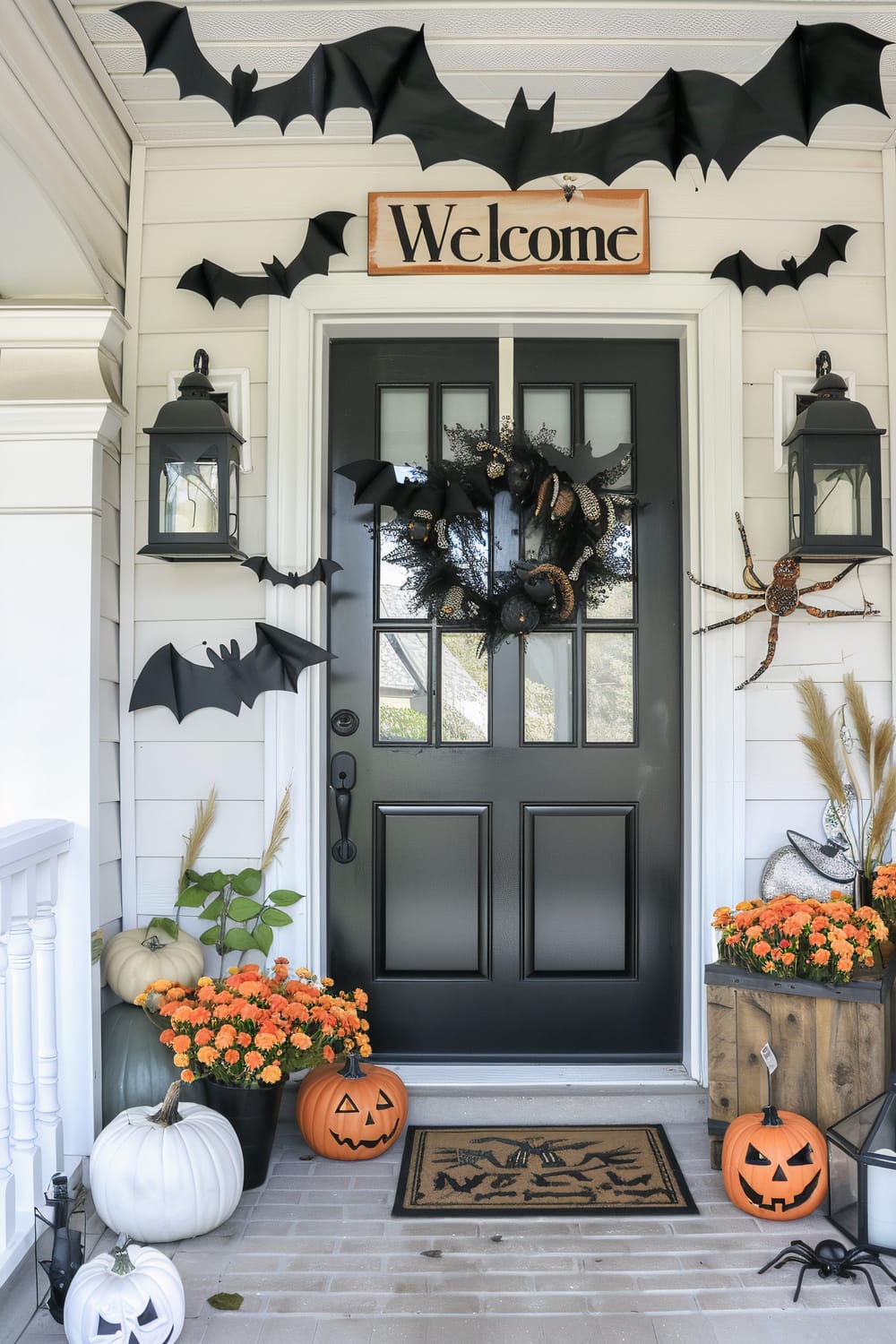 A decorated front porch with a black door features a Halloween theme. Above the door, a wooden sign with the word "Welcome" is displayed along with black bat decorations fluttering around. Two black lanterns are mounted on either side of the door. A wreath made of black lace and other dark materials hangs on the door. The porch is adorned with various pumpkins, both white and orange, and pots of vibrant orange flowers. A spider decoration can be seen on the right, with a small black spider perched close to a doormat with a spooky design. The overall scene is festive and themed for Halloween.