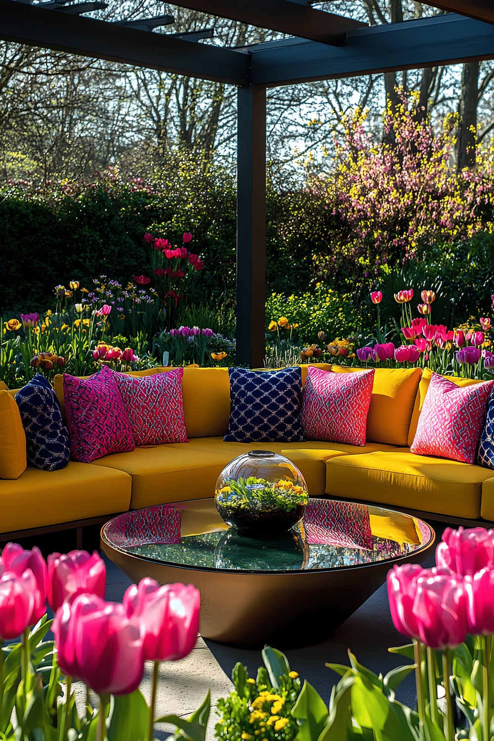 A colorful eye-level view of a modern garden sees a seating area dominated by a bold mustard yellow sectional sofa. There are accent cushions with vibrant geometric patterns in pink and navy terracing the sofa, and a large, circular glass coffee table with a terrarium nestled in the center. This casual arrangement is surrounded by beds of bright tulips and hydrangeas, with sunlight artistically streaming through the overhead wooden pergola, creating an inviting and energetic atmosphere.