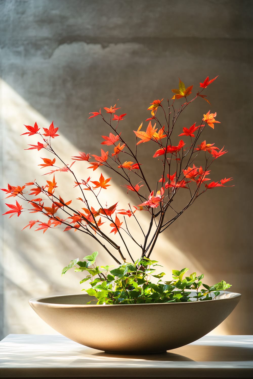 An elegant floral arrangement in a shallow, minimalist ceramic bowl. The arrangement features an artistic interplay of olive green leaves at the base and crimson autumn leaves on delicate branches that extend upward. The scene is set against a simple, textured wall, with directional lighting highlighting the rich, contrasting colors of the leaves.