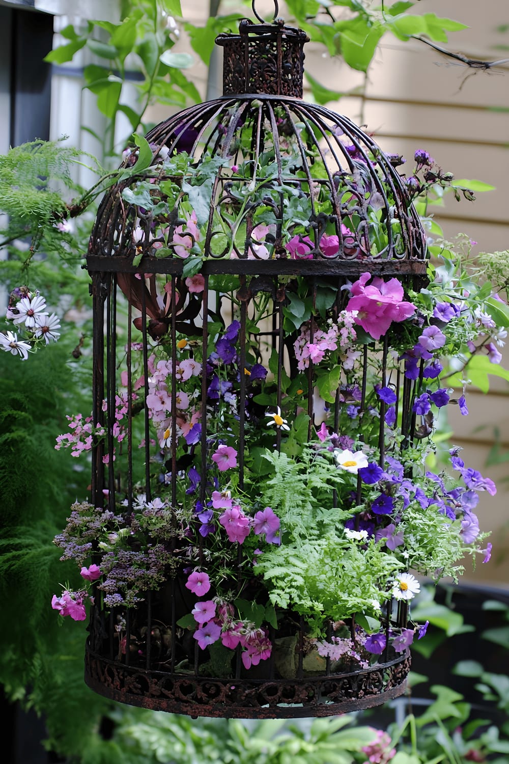 A vintage birdcage repurposed as a planter, overflowing with wildflowers, climbing clematis, and delicate ferns, hanging from a black elegant wrought iron stand, set outside in a garden setting.