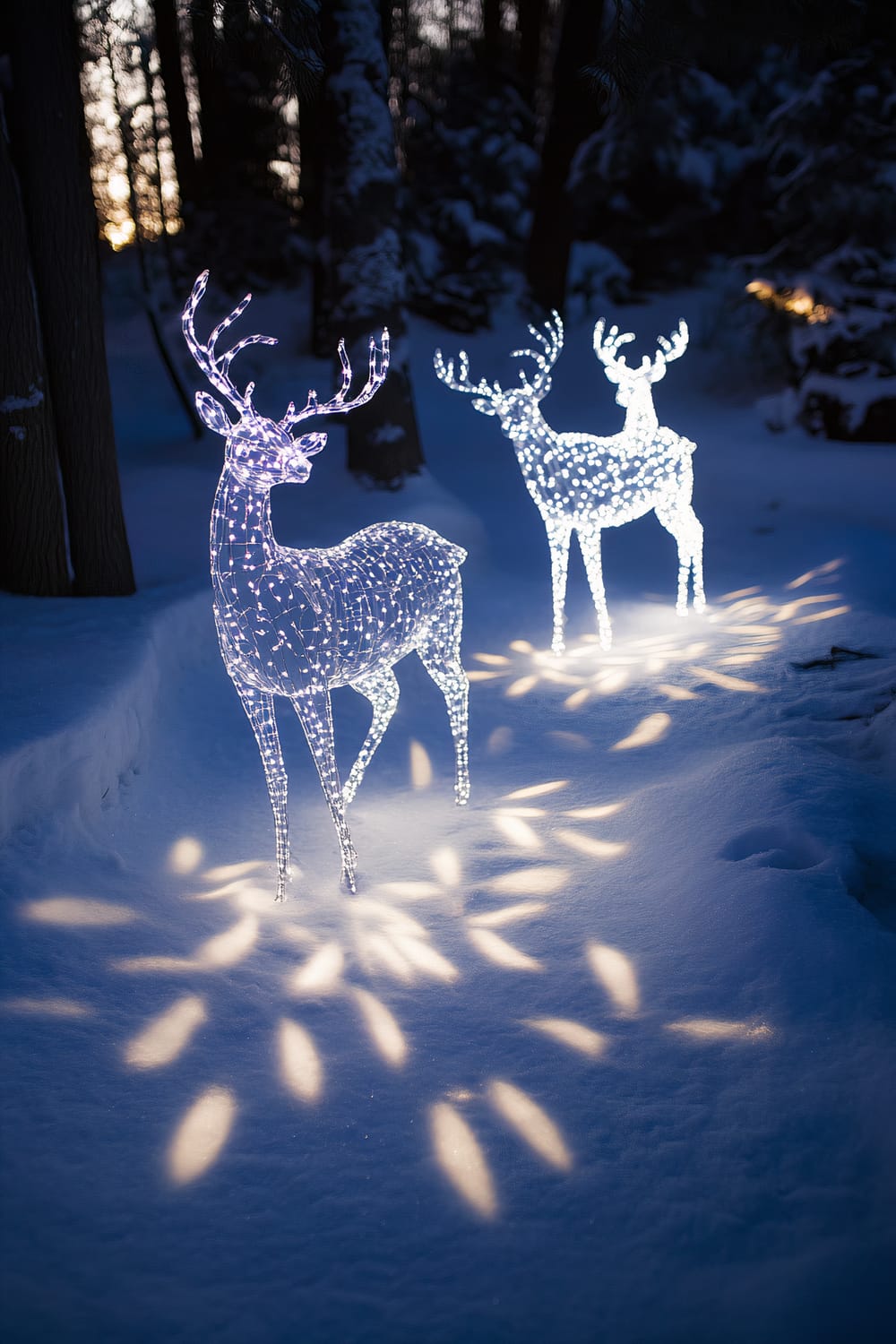 Two illuminated wireframe deer sculptures stand in a snowy forest, emitting a soft glow and casting intricate light patterns on the snow. It is nighttime, and the scene is serene with tall trees in the background.