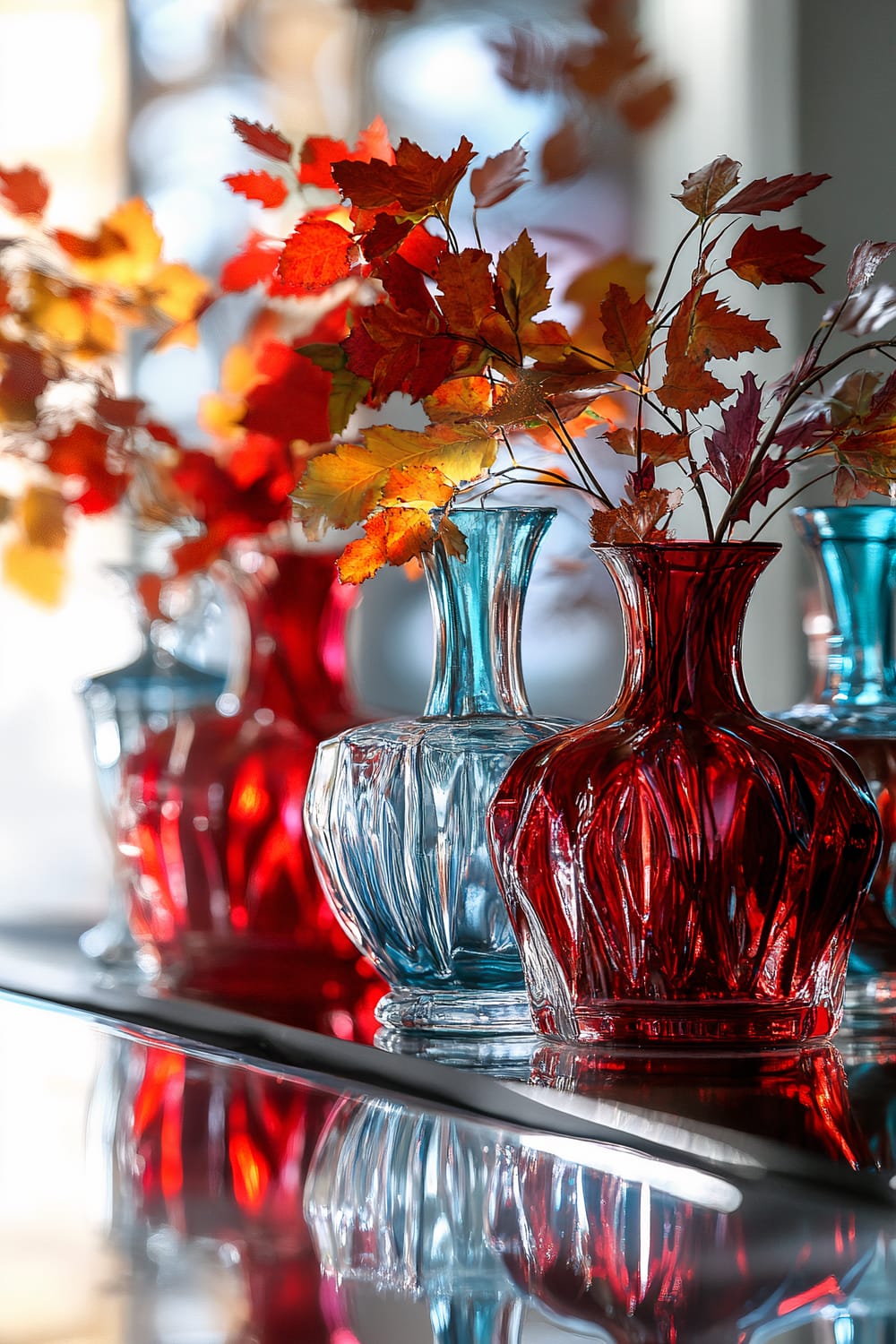 Elegant setup of deep red and turquoise glass vases filled with autumn foliage, arranged on a mirrored surface. The scene is accentuated by strategic lighting, highlighting the bold colors and reflections.