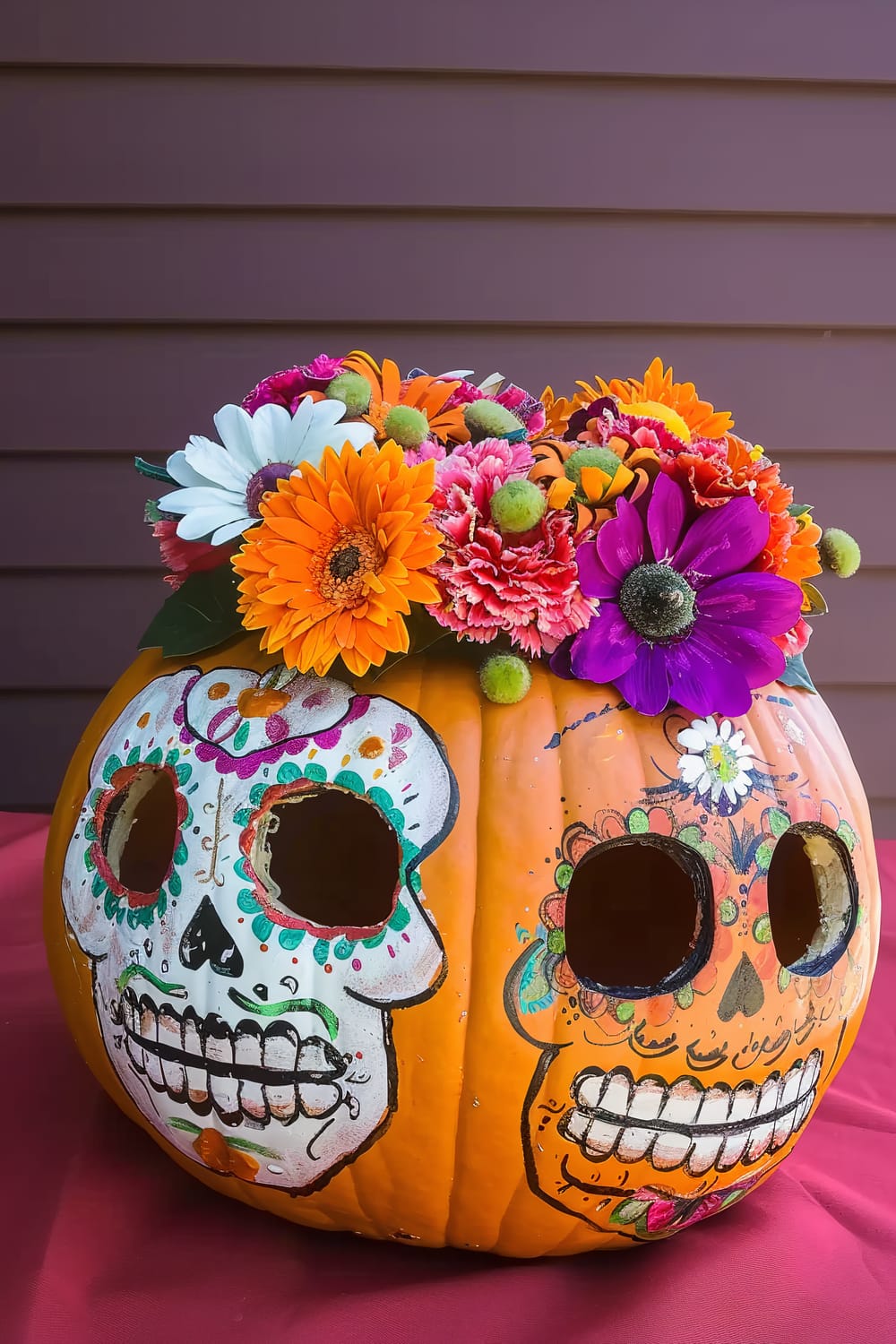 A pumpkin decorated for Día de los Muertos, featuring two painted sugar skull faces on the front. Each skull is intricately detailed with colorful designs, dots, and flowers. The top of the pumpkin is adorned with a vibrant arrangement of flowers, including orange, white, pink, and purple blossoms, enhancing the festive and celebratory look. The pumpkin is placed on a red surface with a plain brown paneled wall in the background.