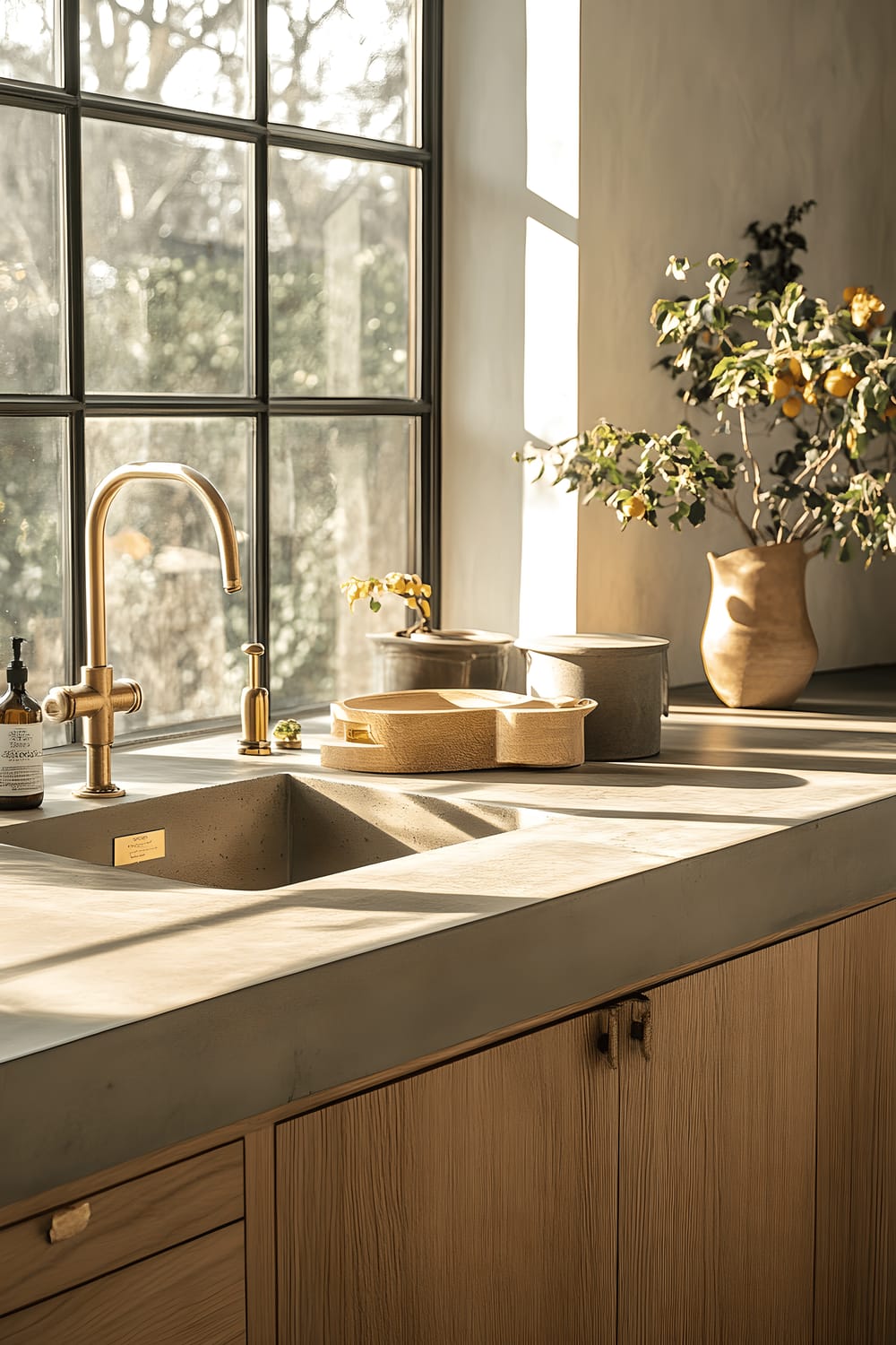 A well-lit kitchen featuring a DIY concrete countertop with brass inlay detailing, paired with warm oak cabinets. Large windows flood the space with soft morning light, highlighting the simplistic sophistication of the space.