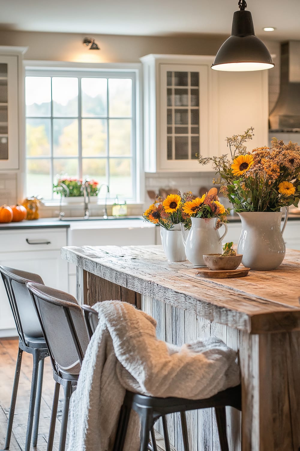 The image features a bright and inviting farmhouse kitchen with a large rustic wooden island at the center. Atop the island are three white ceramic pitchers filled with vibrant sunflowers and other fresh flowers. Three metal bar stools with backrests are placed at the island, one of which has a soft beige blanket draped over it. In the background, white cabinetry with glass-fronted upper cabinets and a large window lets in natural light, accentuating the cheerful and welcoming atmosphere.