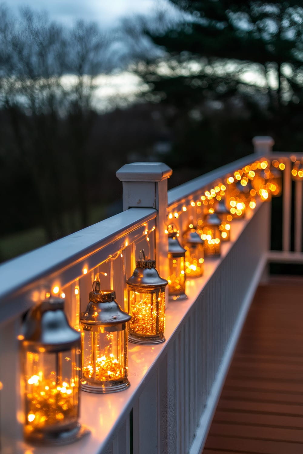 A row of lanterns filled with warm yellow fairy lights is placed along the railing of an outdoor deck. The lights create a cozy and inviting ambiance as the evening starts to set in, with a backdrop of dark trees and a fading sky.