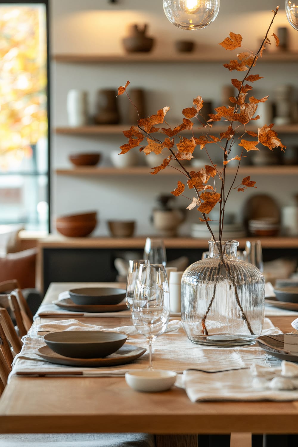 A dining table set in a minimalist style with a clear glass vase holding a branch of autumn leaves as a centerpiece. The table features simple place settings with gray plates on light cloth napkins, and clear wine glasses. In the background, open wooden shelves display various earthenware pieces, and a window with blurred outdoor scenery suggests daylight.