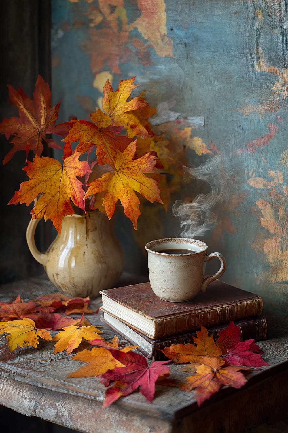 A rustic scene featuring a wooden table adorned with a stack of books and a steaming mug placed on top. Bright orange and red fall leaves are scattered around, and a ceramic jug filled with more fall leaves sits nearby. The background features a weathered wall with hints of fall colors blending in.