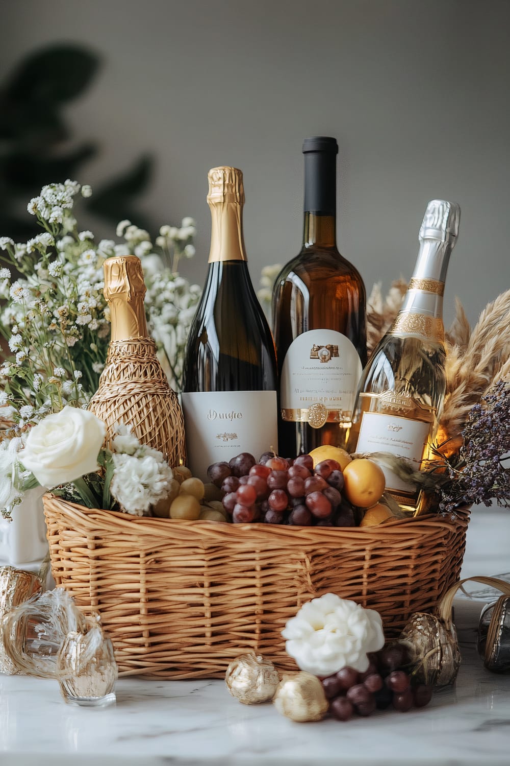 The image showcases a wicker basket, artfully arranged with three bottles of wine and some elaborate wrapping. The basket is adorned with red and white grapes, as well as an assortment of white and purple flowers. Gold-wrapped chocolates, along with a couple of white roses, enhance the luxurious feel of the arrangement. The background is intentionally blurred, featuring soft, muted colors that draw attention to the basket's contents.