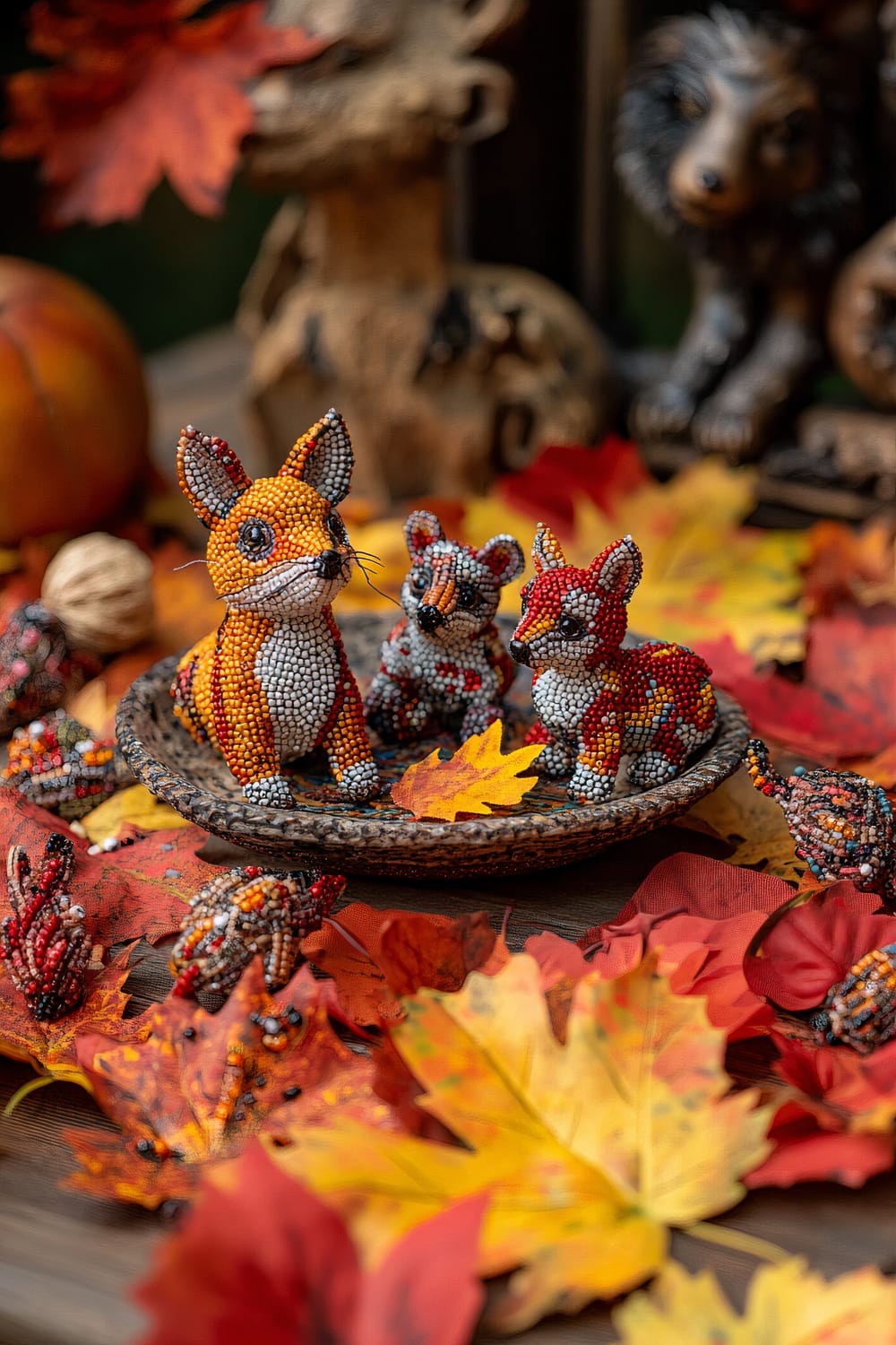 A rustic coffee table displays artisanal beadwork figurines of woodland animals. The figurines, showcasing a fox, mouse, and squirrel, are meticulously crafted in fall colors. They are placed on a textured plate amid scattered red and yellow leaves, with warm lighting enhancing the intricate bead details. In the background, additional autumn-themed decor and beadwork can be seen, enhancing the fall ambiance.