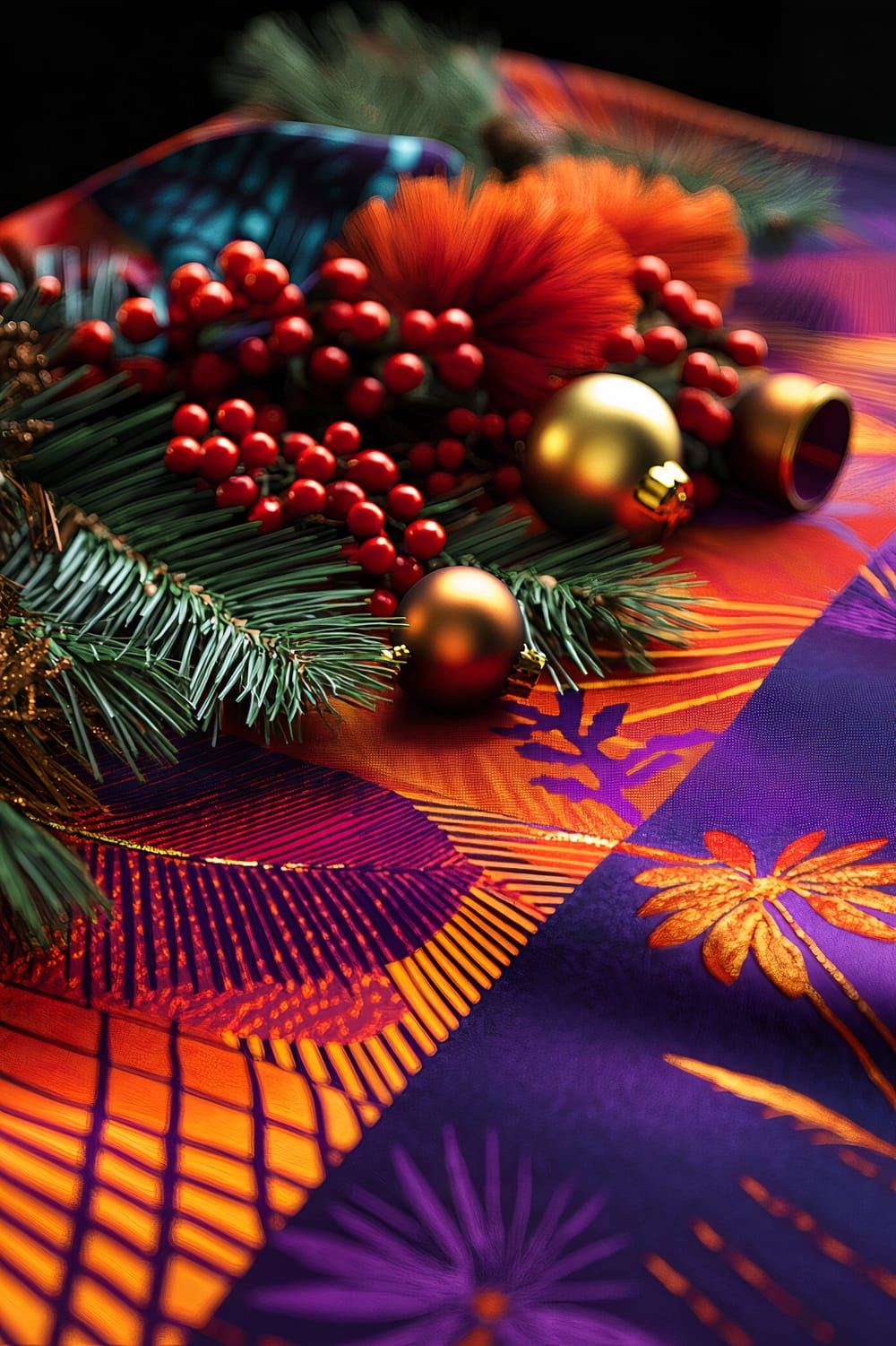 A close-up image of a kitchen dining table decorated with a vibrant, patterned table runner in deep purple, bright orange, and metallic gold. The table runner features minimalist Christmas accents, including small gold bells, red berries, and sprigs of evergreen. The high-contrast lighting highlights the vivid patterns and colors, creating a lively and festive atmosphere.