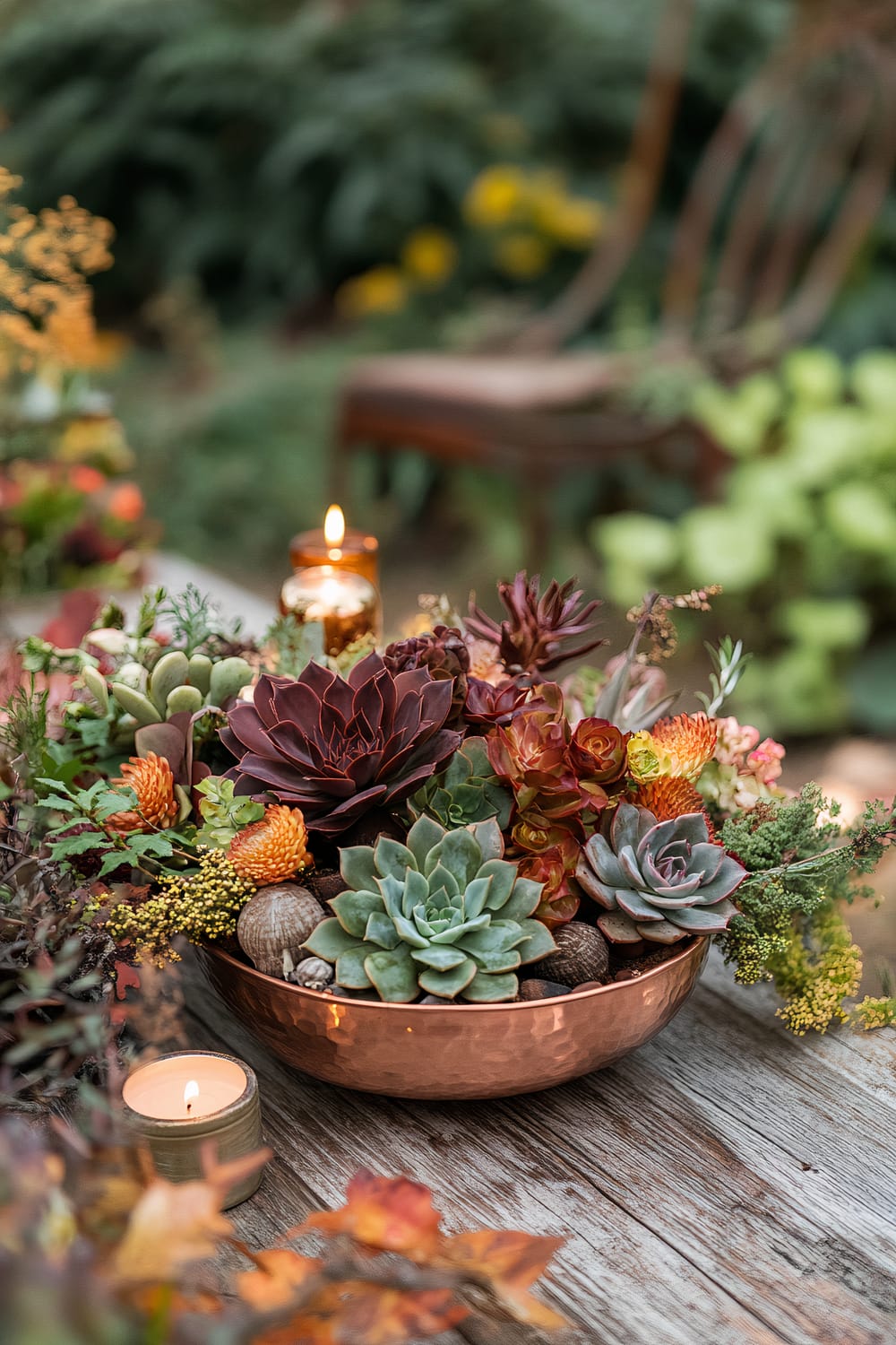 An outdoor wooden table adorned with a copper bowl filled with a variety of colorful succulents, such as echeveria and sedum, along with small autumn-themed flowers and acorns. There are two lit candles on the table, providing a warm glow. In the background, there's a blurred view of a green garden with yellow flowers and a partially visible wooden chair.