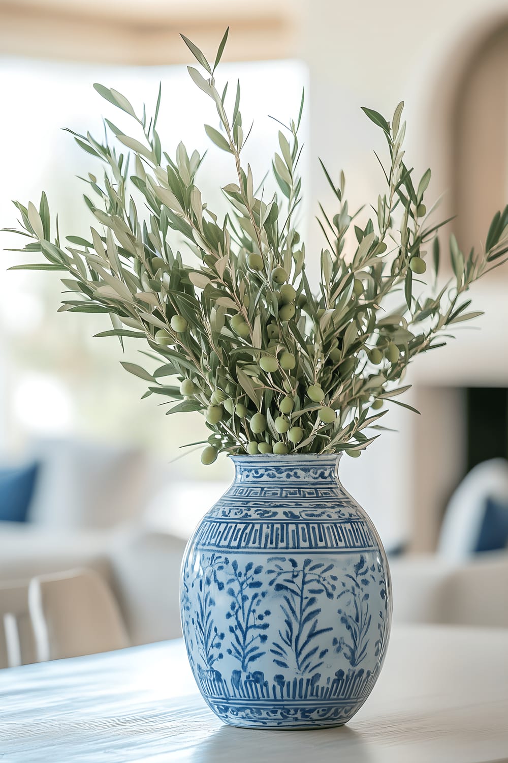 A symbolic centerpiece of a dining table composed of elegant olive branches arranged in a large blue ceramic vase with traditional Greek patterns. The scene is set in a bright, white dining room with Athens-inspired decor featuring deep blue accents and hints of natural stone elements. The vibrant blue of the vase contrasts harmoniously with the minimalist, clean-lined surroundings.