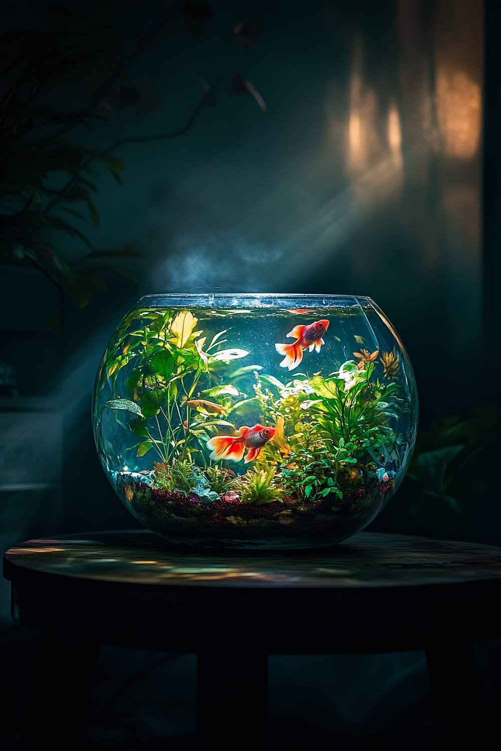 An illuminated fishbowl sits on a wooden table, featuring vibrant green aquatic plants and two goldfish swimming inside. Rays of light penetrate through the water, highlighting the fish and plants, creating a serene ambiance in the dimly lit surroundings.