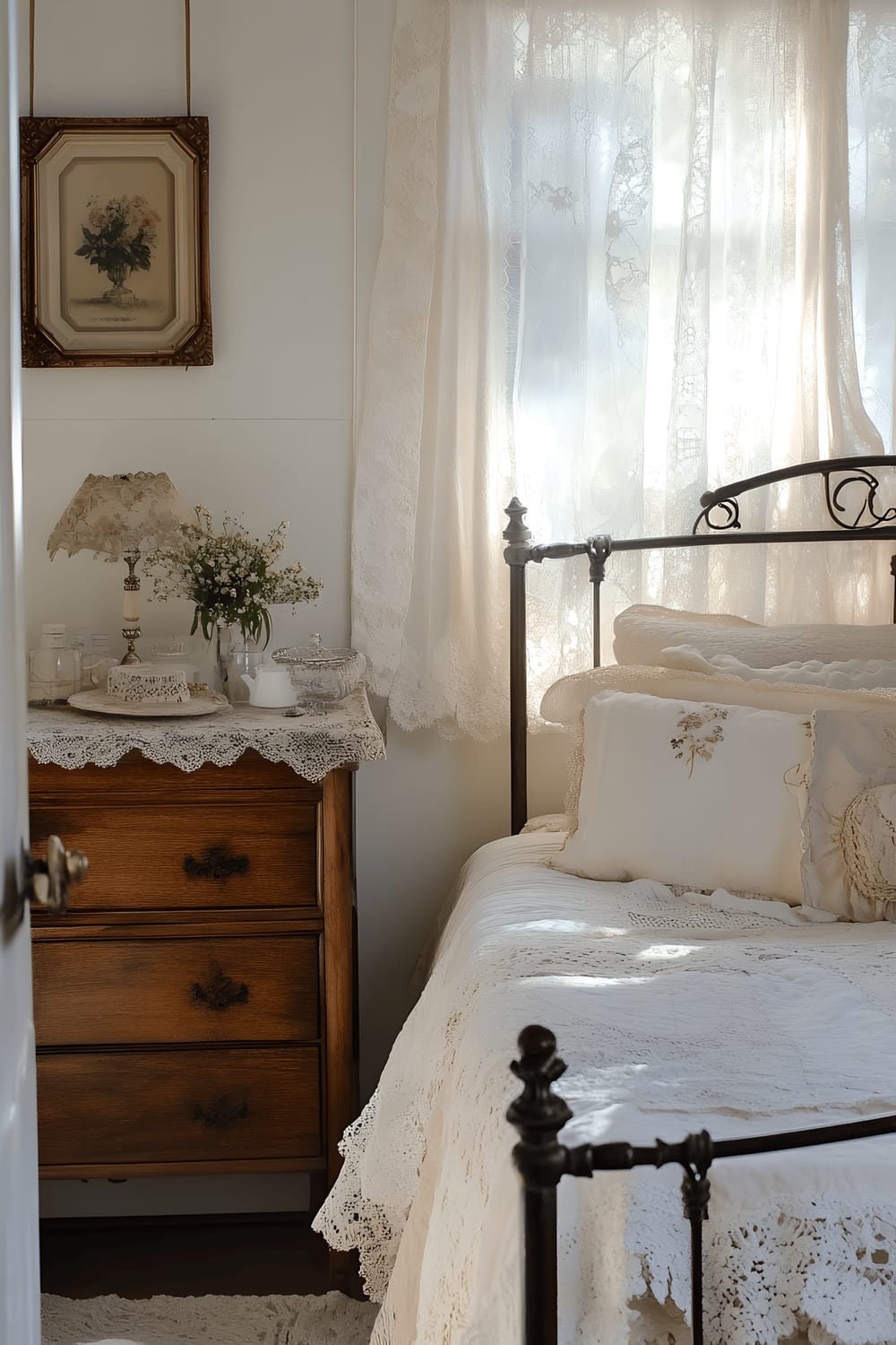 A serene shabby chic bedroom with a plush upholstered bed adorned with soft pastel-colored linens and embroidered throw pillows. Features include a whitewashed wooden dresser, antique wrought-iron headboard, vintage lace curtains, and a vintage vanity table with a delicate lace tablecloth. The room is flooded with natural light, amplifying the soft, romantic decor.