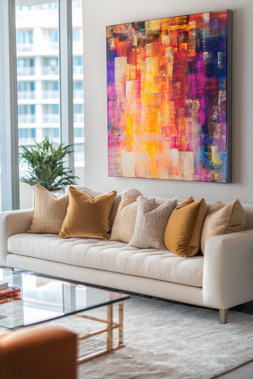 An elegant living room featuring a cream-colored couch with gold and beige pillows, a colorful abstract painting on the wall, a glass coffee table, and a green plant by floor-to-ceiling windows.