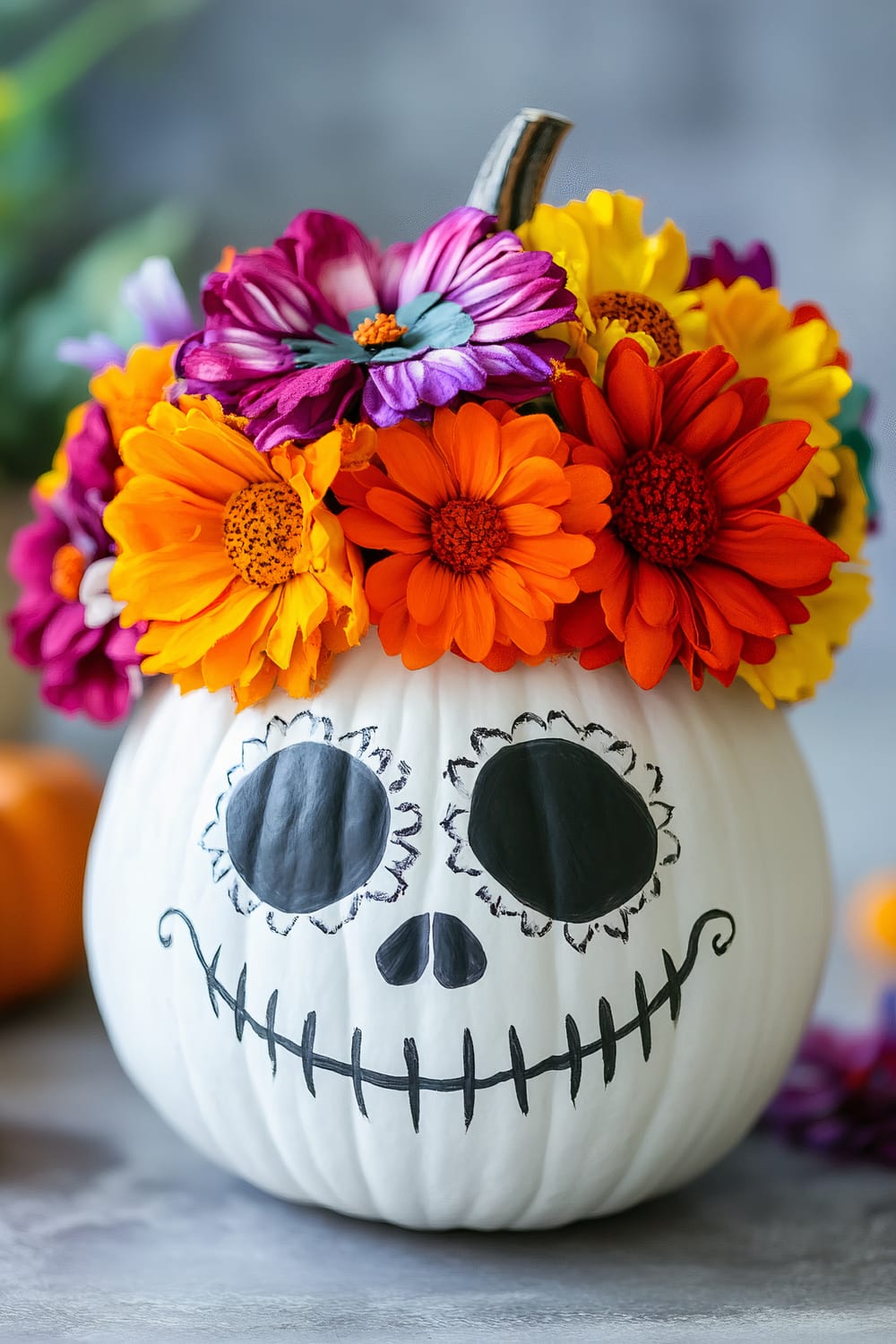 A painted white pumpkin designed to resemble a skull with black eyes, nose, and a stitched mouth, topped with a colorful array of flowers including orange, red, yellow, and purple blooms.